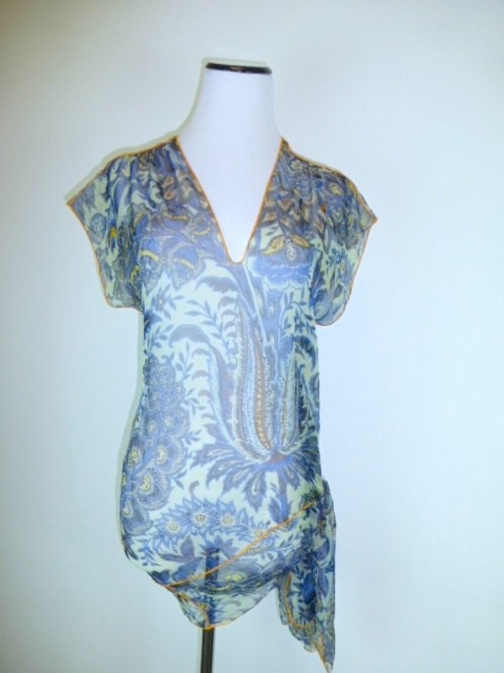 ROZAE NICHOLS silk SHEER paisley FLORAL CRYSTAL short sleeve blue gold TOP M